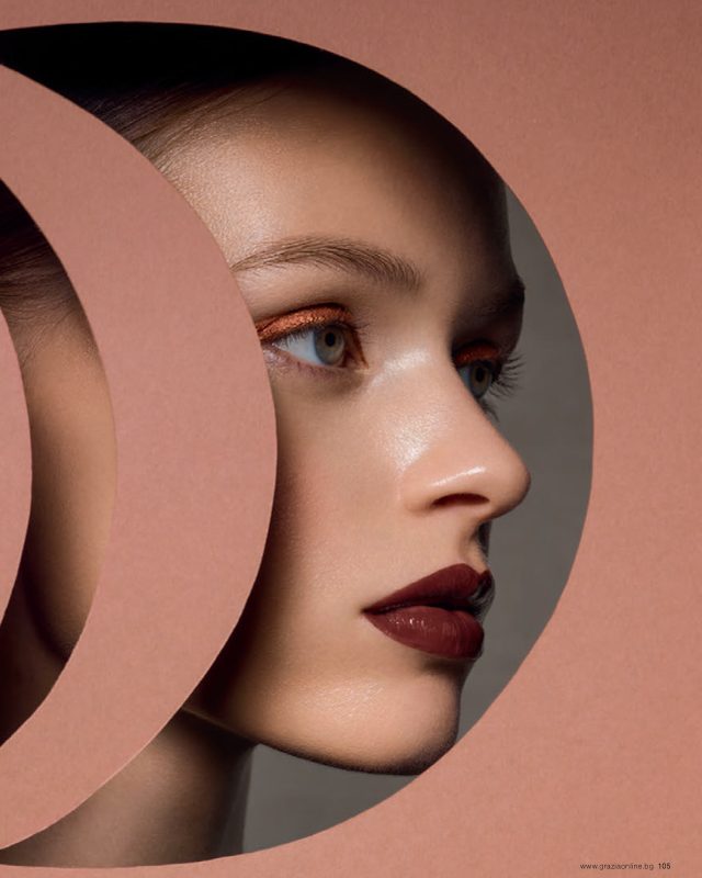 Grazia Bulgaria beauty editorial “Nude Geometric” with a model framed by a circular cut-out
