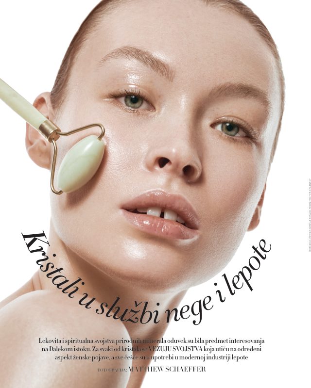 Harper’s Bazaar Serbia beauty editorial “Kristali u službi nege i lepote” with a jade roller