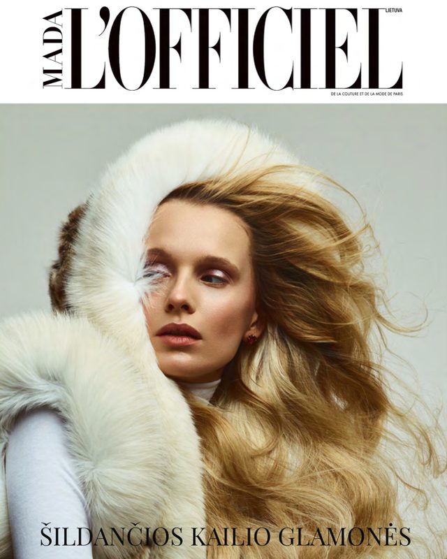 L’Officiel Lithuania fur fashion editorial with a blonde model in a white fur hood