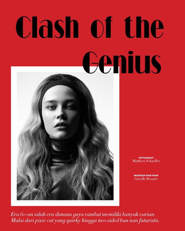 L’Officiel Indonesia fashion editorial opener “Clash of the Genius” in black and white on red
