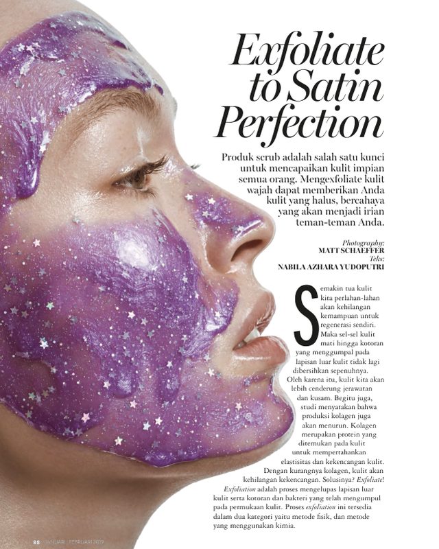 Marie Claire Indonesia beauty editorial “Exfoliate to Satin Perfection” with a glitter face mask
