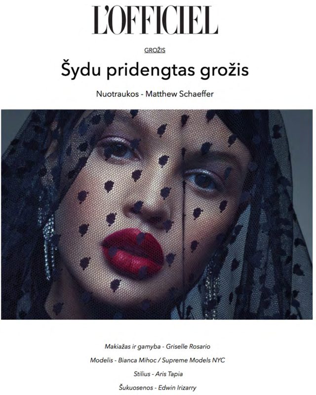 L’Officiel Lithuania lace beauty editorial featuring Bianca Mihoc in a black lace veil