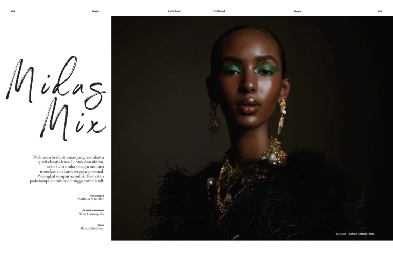 L’Officiel Indonesia jewelry editorial spread “Midas Mix” with a model in gold jewelry