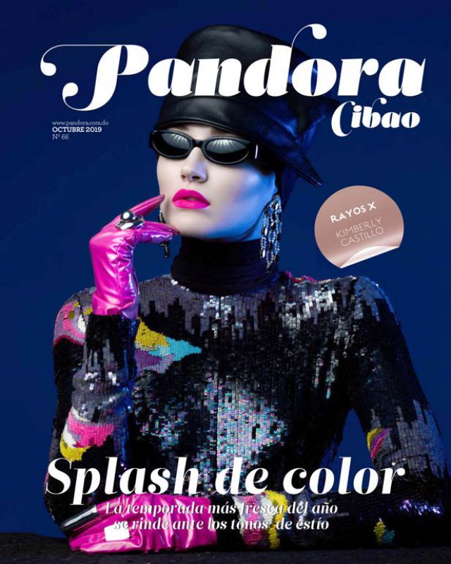 Pandora Cibao October 2019 cover “Splash de color” with a model in sunglasses and a sequined jacket