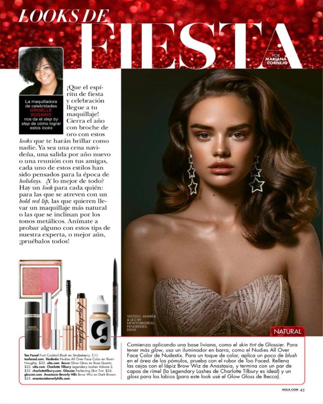 ¡Hola! holiday beauty feature “Looks de Fiesta” with a model in a strapless sequined gown