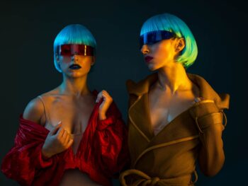 Two models in neon wigs and visor sunglasses, personal project by Schaeffer Studios
