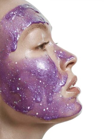 Viki Foti in profile wearing a purple glitter face mask, Marie Claire Indonesia skin-care story
