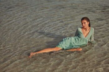 Schaeffer Studios Fashion Photographer Featuring Zorelys Lisboa in Turquoise Dress in Ocean